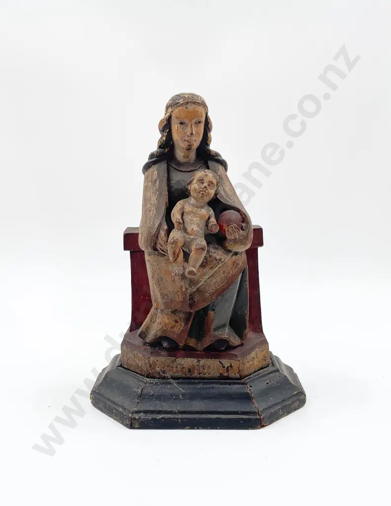 C19th Carved & Painted Wood Madonna & Child Image 1++