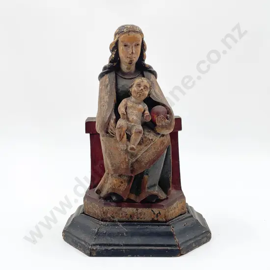 C19th Carved & Painted Wood Madonna & Child