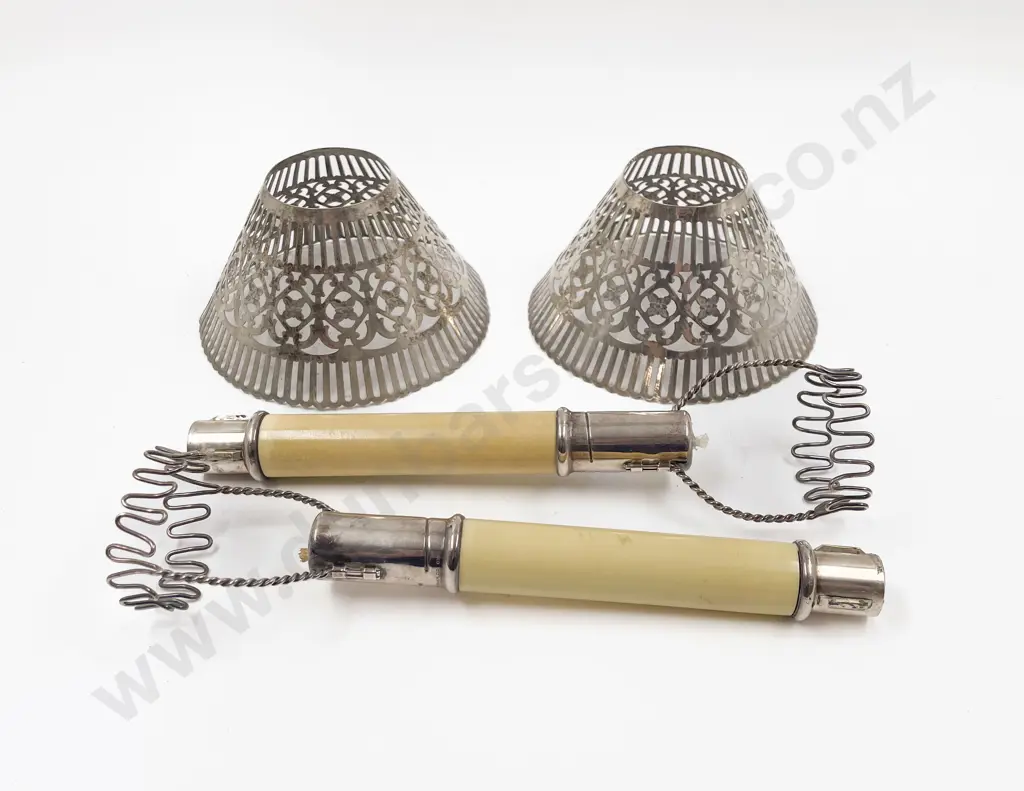 Pair American Gorham Silver Mounted Candle Fittings With Shades Image 1++