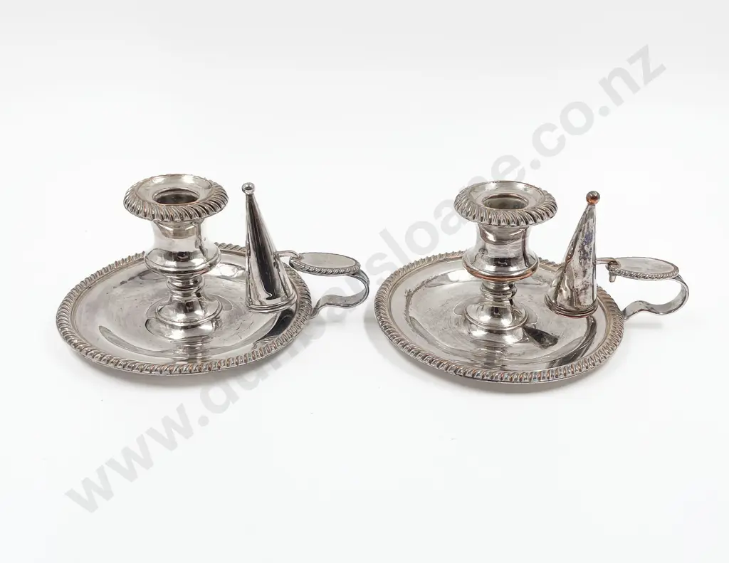 Pair Victorian Sheffield Plate Chamber Sticks With Snuffers Image 1++