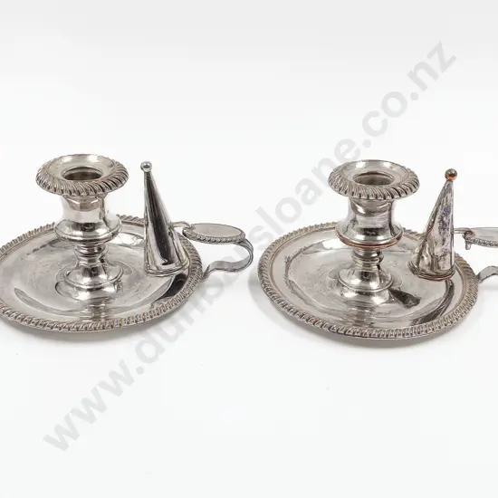 Pair Victorian Sheffield Plate Chamber Sticks With Snuffers