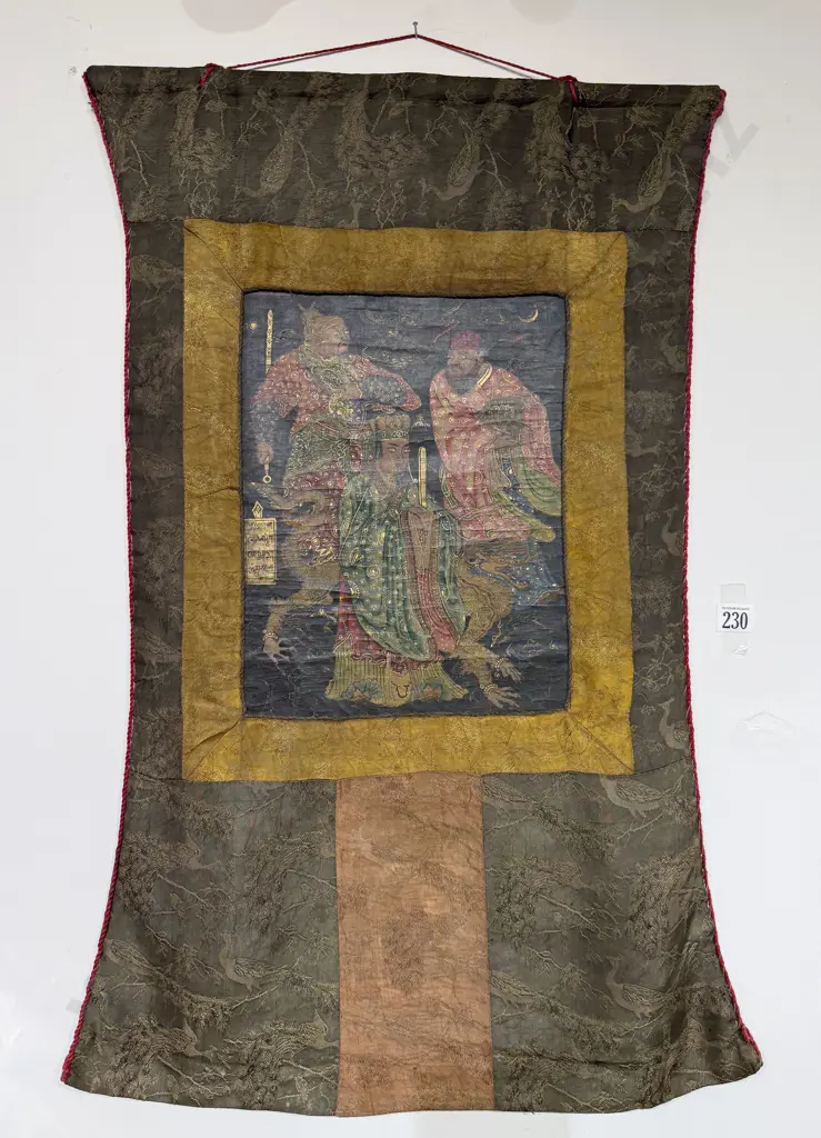 Antique Chinese Painted Linen Panel of Three Immortals and Dragon Image 1++