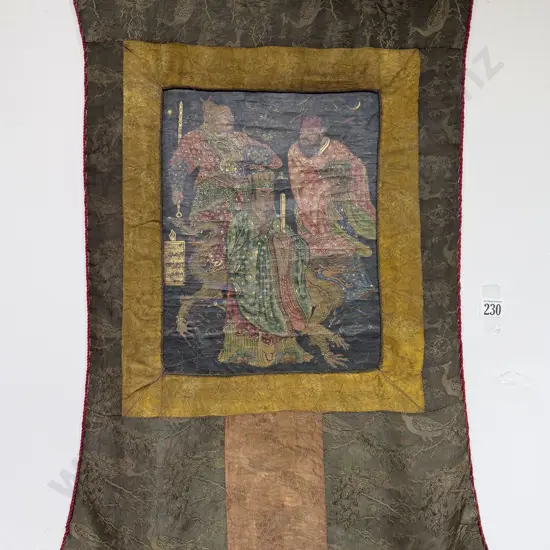 Antique Chinese Painted Linen Panel of Three Immortals and Dragon