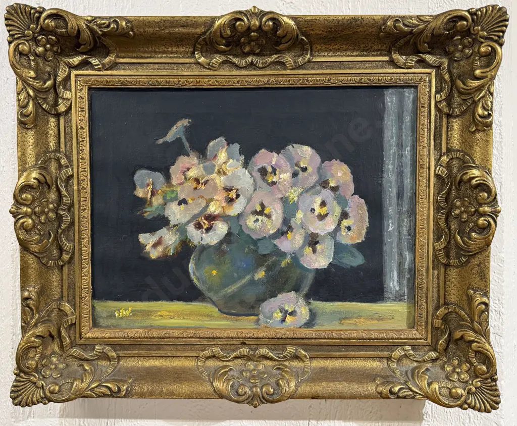Unknown Initialled Indistinctly Oil on Canvas Vase of Pansies Still Life Image 1++