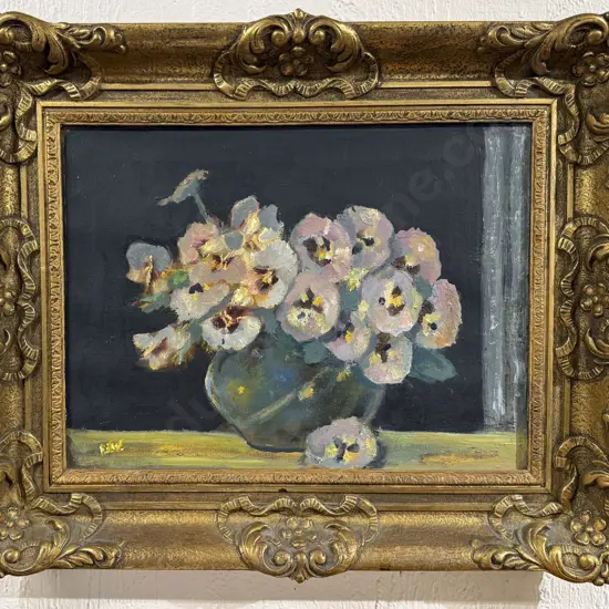 Unknown Initialled Indistinctly Oil on Canvas Vase of Pansies Still Life
