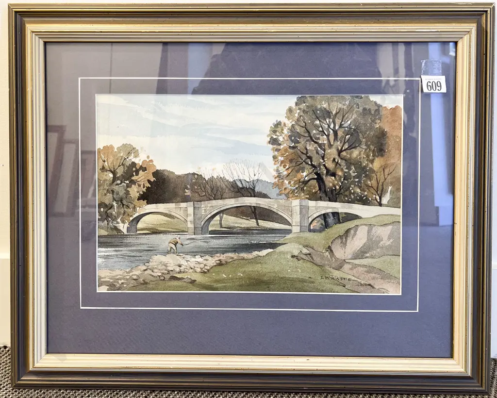 J B Haste (1931-2011) - Scottish River View With Angler Watercolour Image 1++