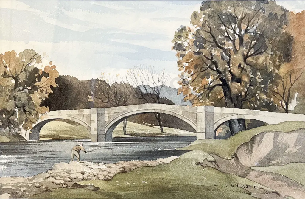 J B Haste (1931-2011) - Scottish River View With Angler Watercolour Image 1++