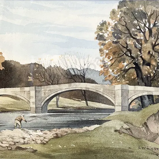 J B Haste (1931-2011) - Scottish River View With Angler Watercolour