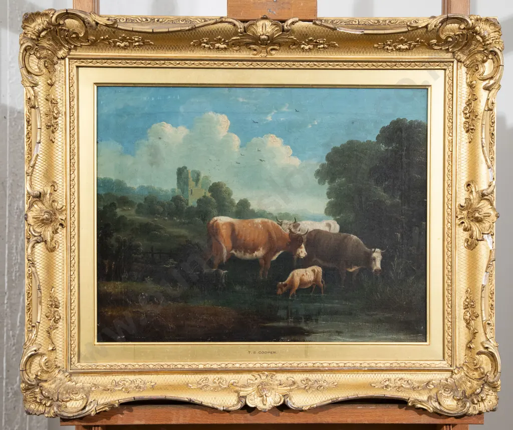 Manner of T S Cooper Oil on Canvas behind Glass Pastoral Scene of Cattle Image 1++