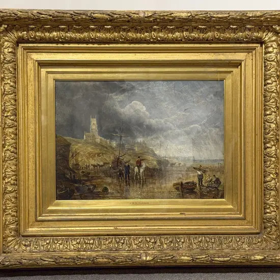 Manner of J M W Turner Oil on Canvas behind Glass Busy View of Cromer - Norfolk