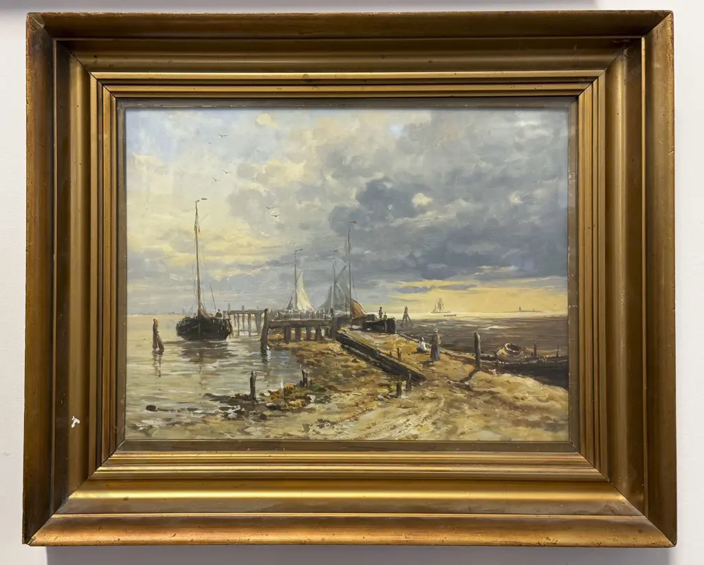 C19th Unsigned English Oil Behind Glass Coastal Scene Image 1++