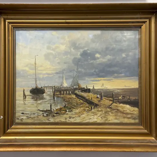 C19th Unsigned English Oil Behind Glass Coastal Scene