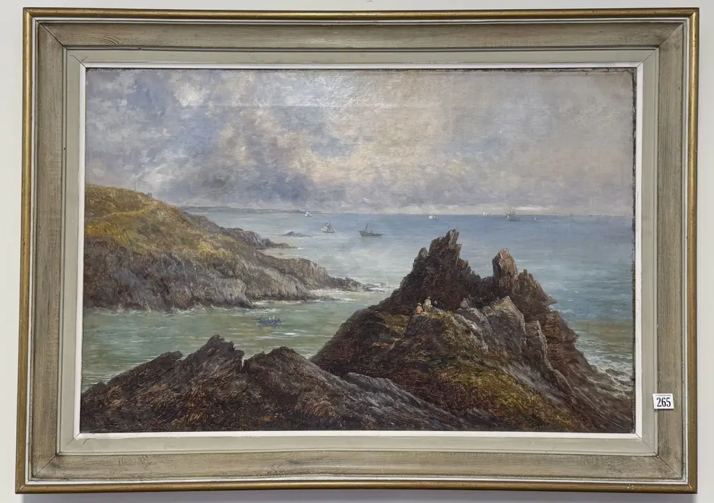 C19th Unsigned Oil on Canvas Coastal Study with Rock Pool Foraging and Scattered Shipping Afar Image 1++