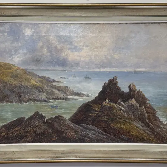 C19th Unsigned Oil on Canvas Coastal Study with Rock Pool Foraging and Scattered Shipping Afar