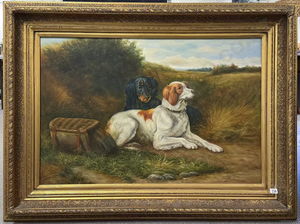 Late C19th Unsigned Oil on Canvas Two Gun Dogs Depicted in the Manner of Landseer Image 1++