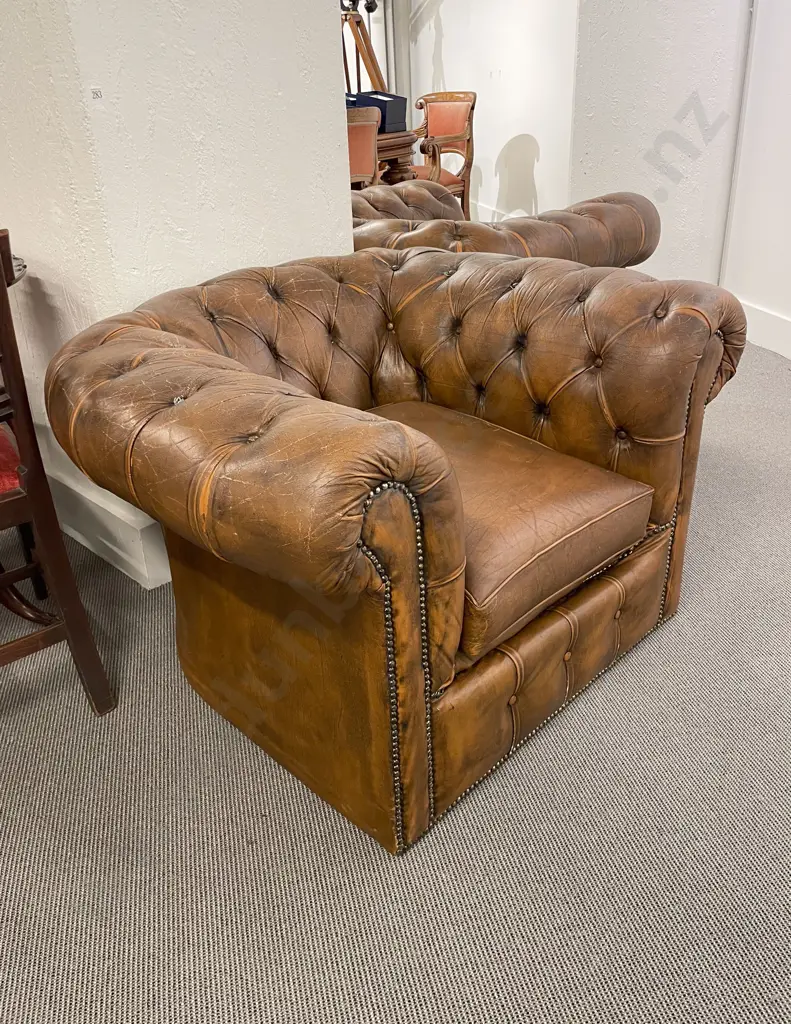 Pair of Brown Leather Chesterfield Armchairs Image 1++