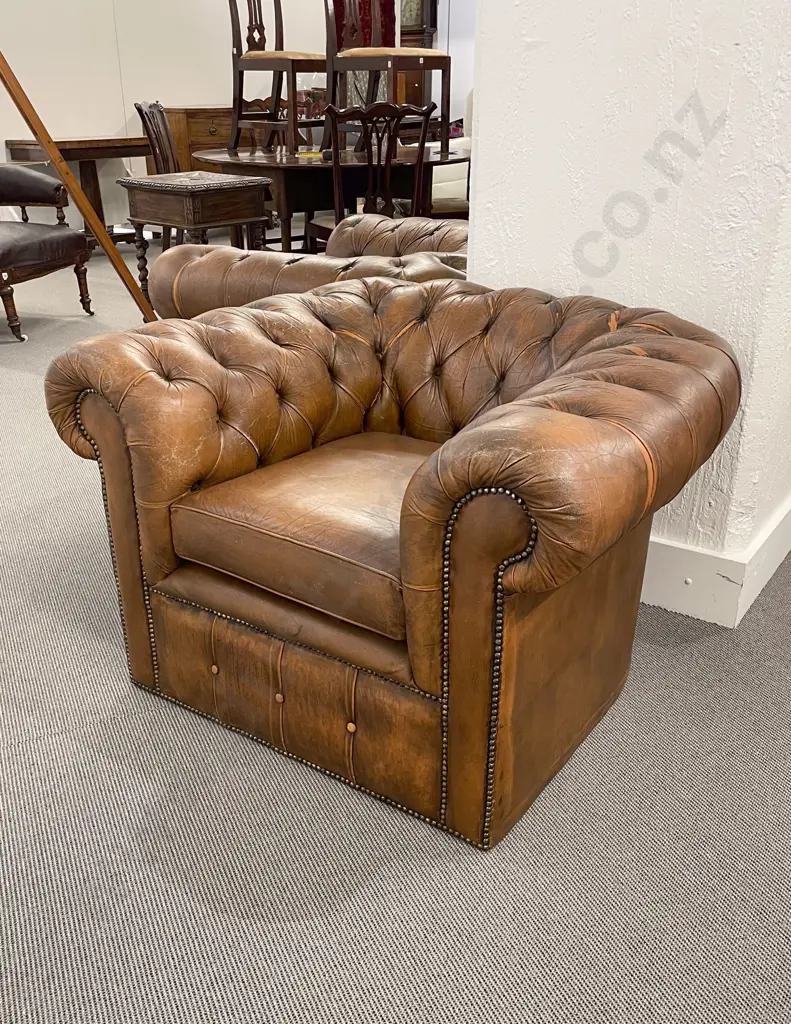 Pair of Brown Leather Chesterfield Armchairs Image 1++