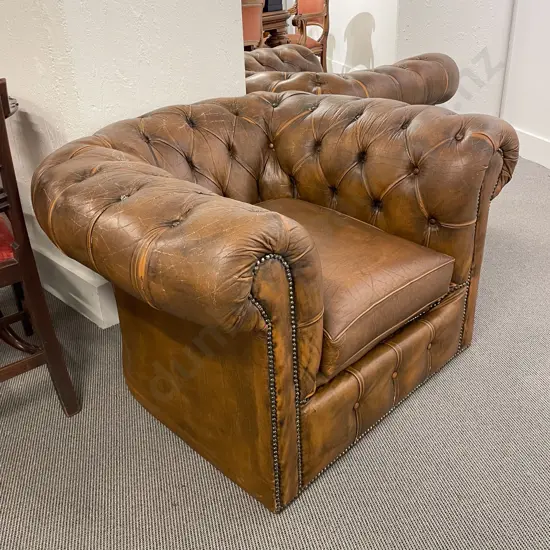 Pair of Brown Leather Chesterfield Armchairs