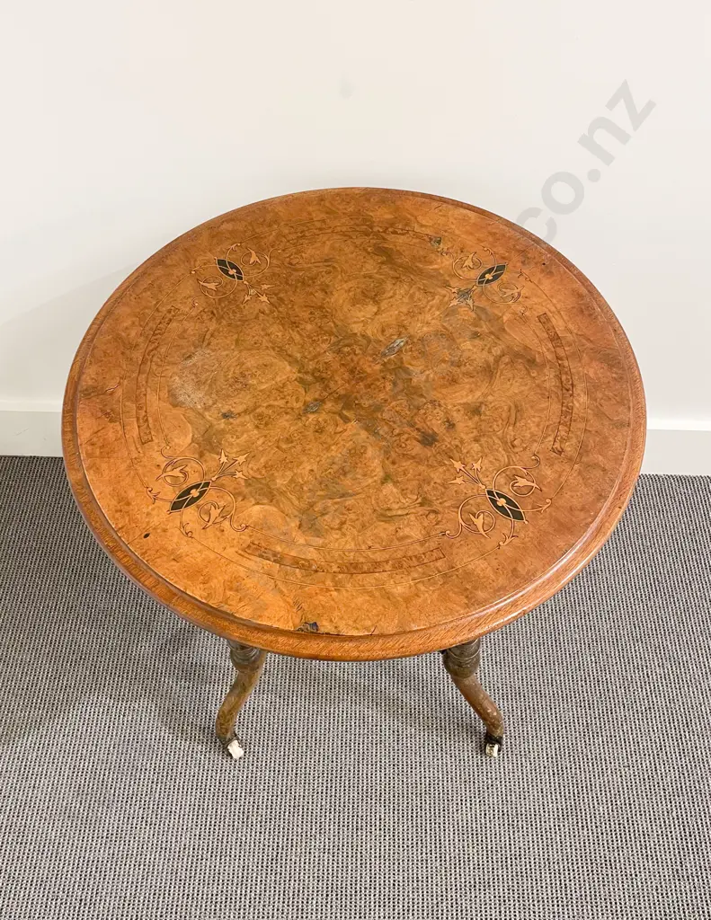Vict Burr Walnut & Marquetry Circular Occasional Table Image 1++