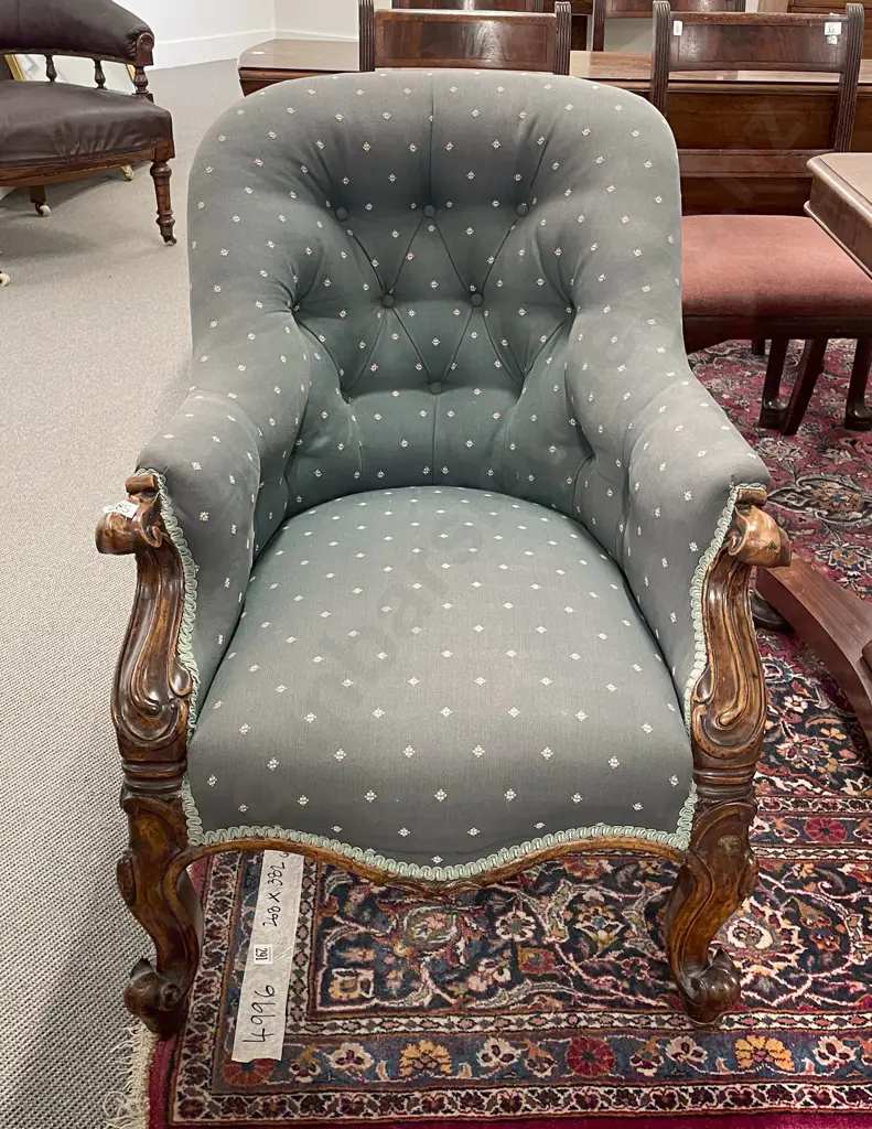 Vict Walnut Balloon Back Armchair Image 1++