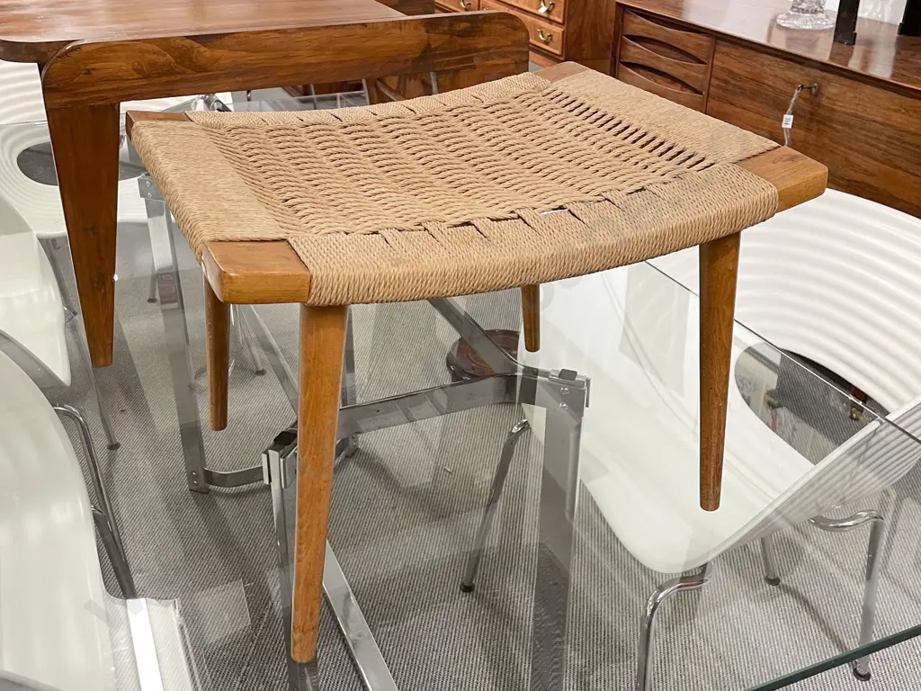 Japanese Mid Century Teak & Seagrass Stool with Makers Label to the Underside Image 1++