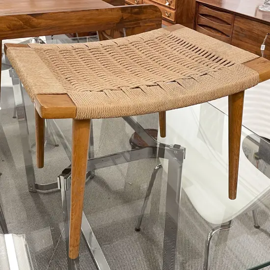 Japanese Mid Century Teak & Seagrass Stool with Makers Label to the Underside