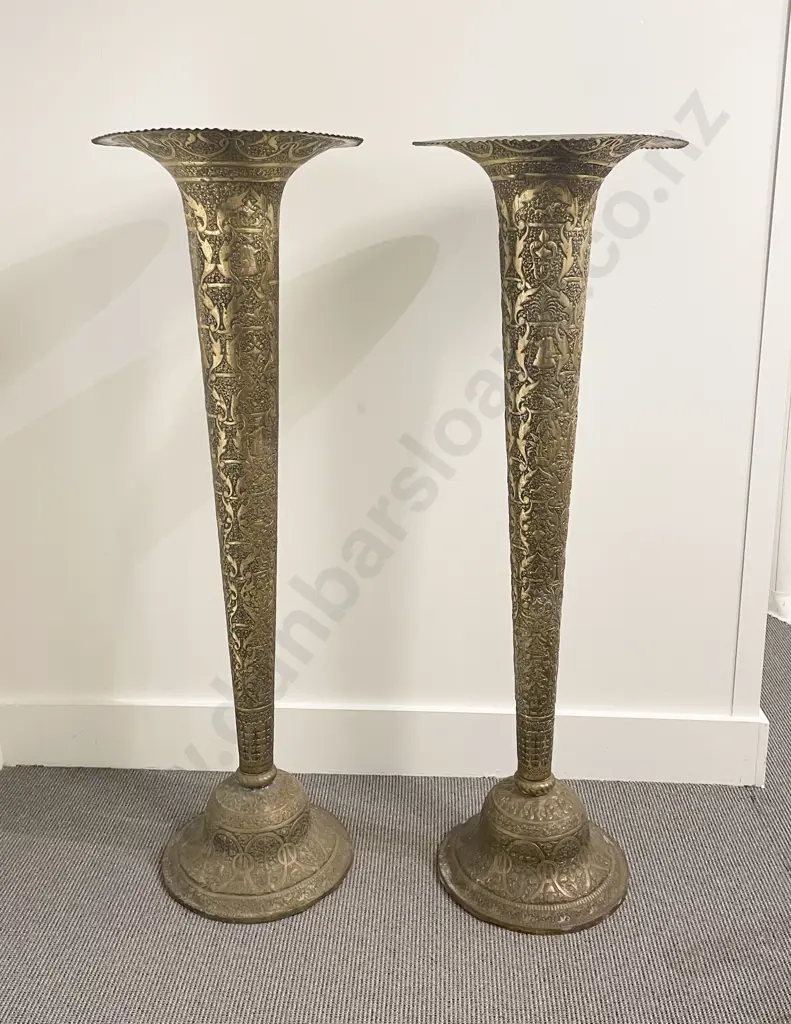 A Large Pair of Benares Trumpet Shaped Floor Vases Image 1++