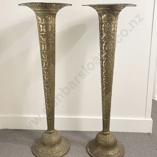 A Large Pair of Benares Trumpet Shaped Floor Vases