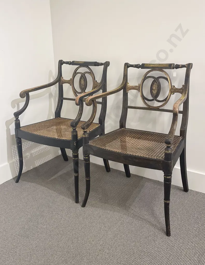 An Attractive Pair of Regency Ebonised & Parcel Gilt Open Armchairs Image 1++