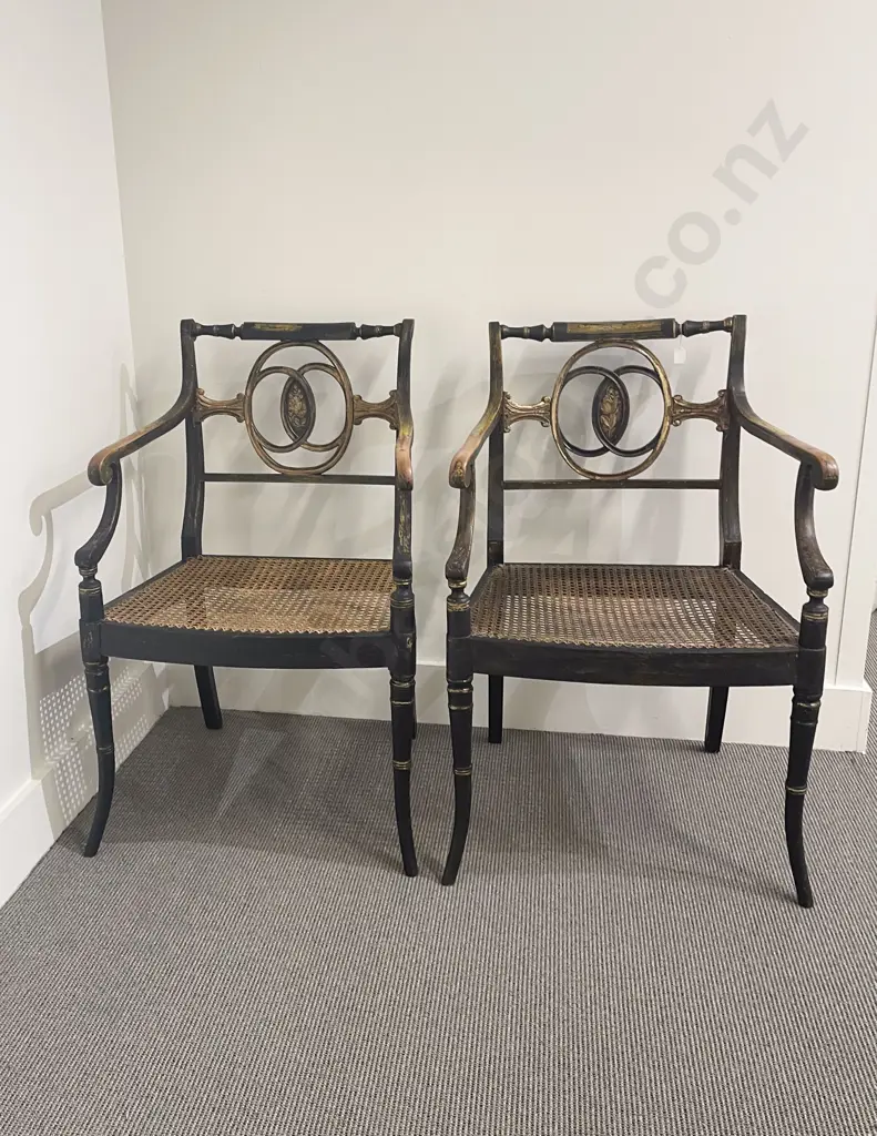 An Attractive Pair of Regency Ebonised & Parcel Gilt Open Armchairs Image 1++