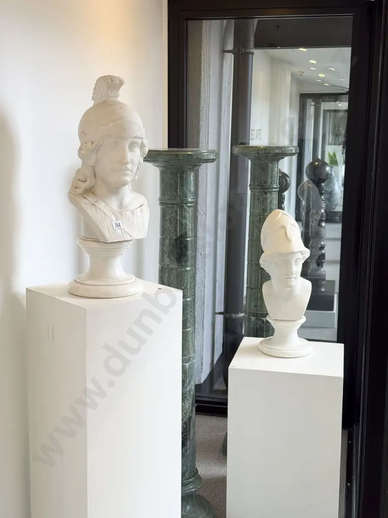 Pair of White Marble Classical Roman Busts on Green Marble Columns Image 1++