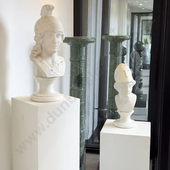 Pair of White Marble Classical Roman Busts on Green Marble Columns