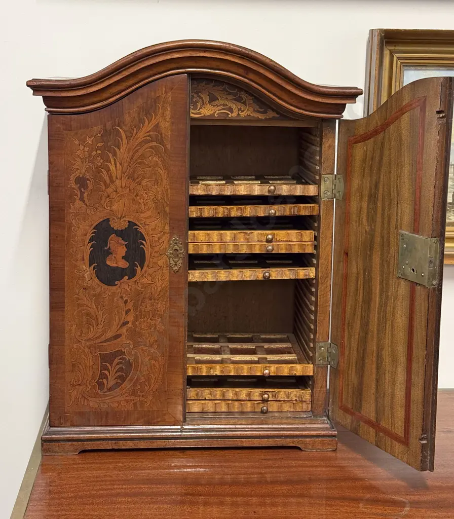 C19th European Walnut Marquetry Inlaid Table Top Collectors Cabinet Image 1++
