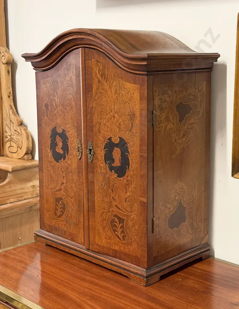 C19th European Walnut Marquetry Inlaid Table Top Collectors Cabinet Image 1++