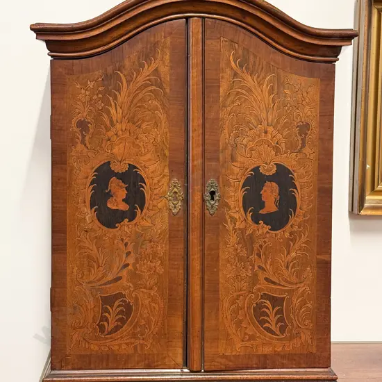 C19th European Walnut Marquetry Inlaid Table Top Collectors Cabinet