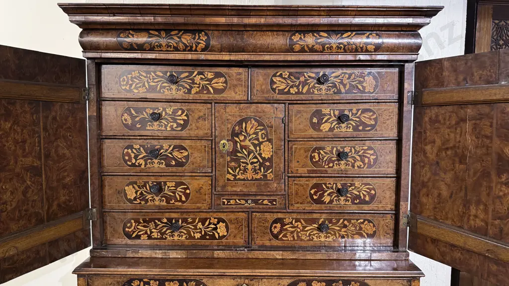 A Superb William & Mary Walnut Fruitwood & Marquetry Cabinet on Stand c1690 Image 1++