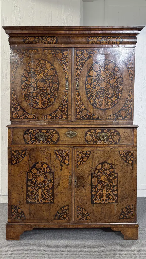 A Superb William & Mary Walnut Fruitwood & Marquetry Cabinet on Stand c1690 Image 1++