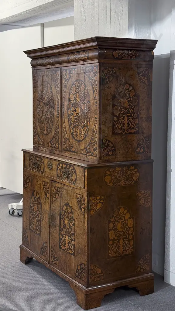 A Superb William & Mary Walnut Fruitwood & Marquetry Cabinet on Stand c1690 Image 1++