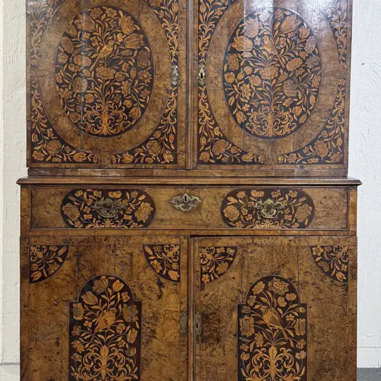 A Superb William & Mary Walnut Fruitwood & Marquetry Cabinet on Stand c1690