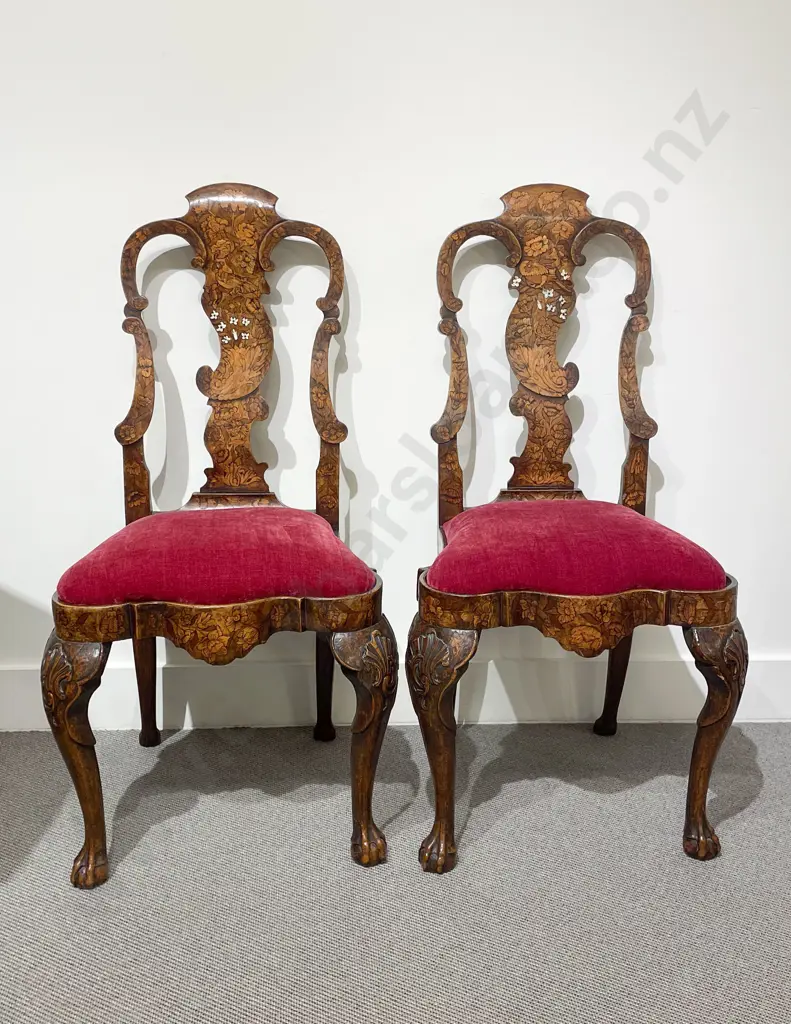 An Elegant Pair of C18th Dutch Walnut & Marquetry Side Chairs Image 1++