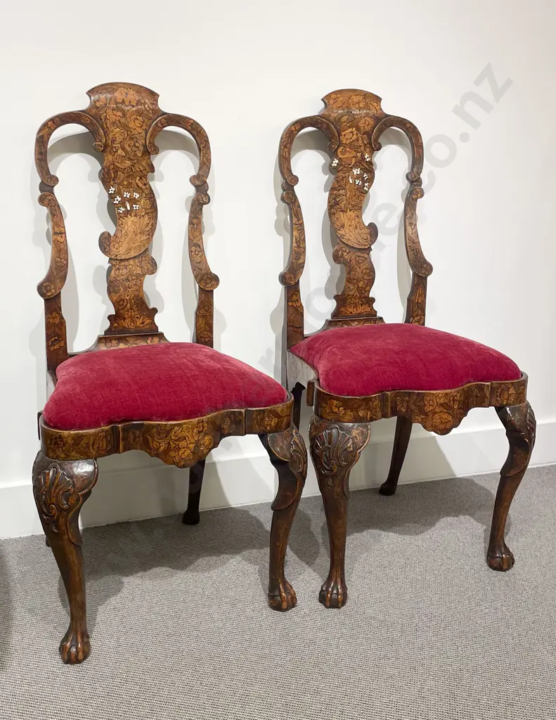An Elegant Pair of C18th Dutch Walnut & Marquetry Side Chairs Image 1++