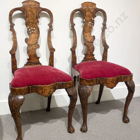 An Elegant Pair of C18th Dutch Walnut & Marquetry Side Chairs