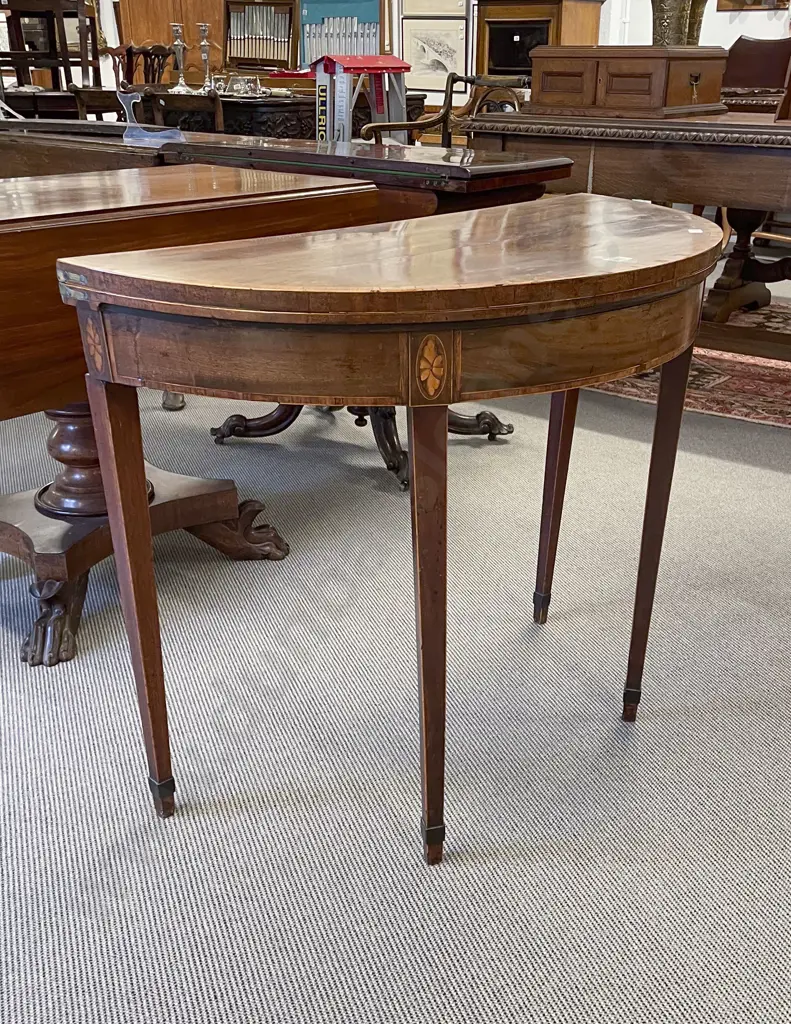 Geo III Mahogany & Inlaid D-Shaped Foldover Card Table Image 1++