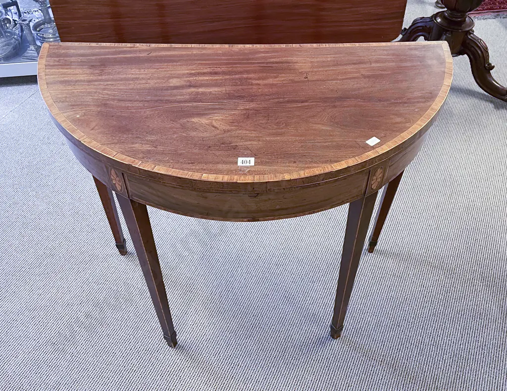 Geo III Mahogany & Inlaid D-Shaped Foldover Card Table Image 1++