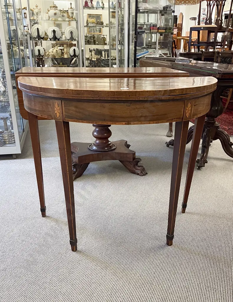 Geo III Mahogany & Inlaid D-Shaped Foldover Card Table Image 1++