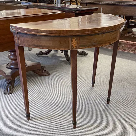 Geo III Mahogany & Inlaid D-Shaped Foldover Card Table