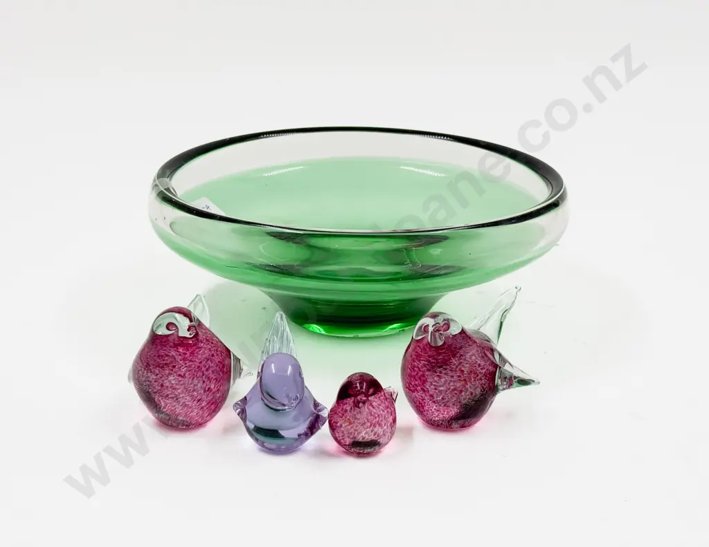 Mid C20th Bottle Green Tinted Table Bowl and Four Hoglund Bird Ornaments Image 1++