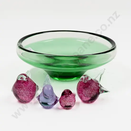 Mid C20th Bottle Green Tinted Table Bowl and Four Hoglund Bird Ornaments