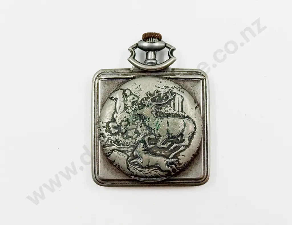 Vintage White Metal Pocket Watch in Square Mount Stand Image 1++