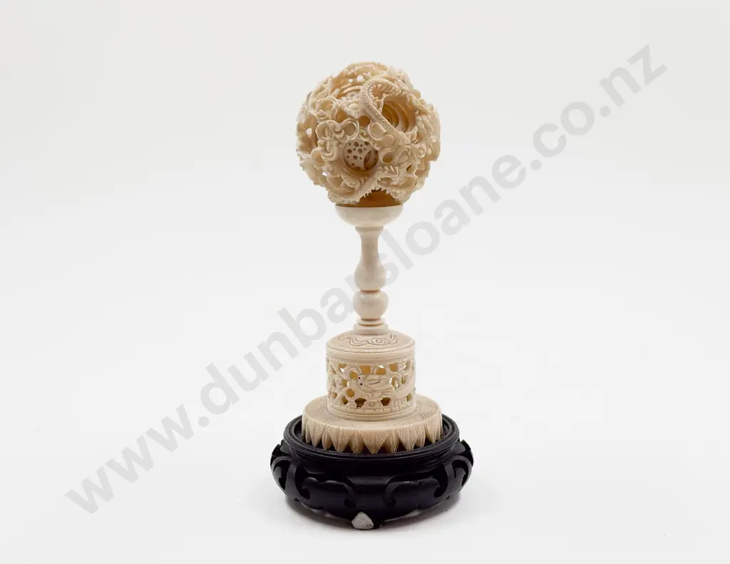 Carved Ivory Puzzle Ball on Stand Image 1++